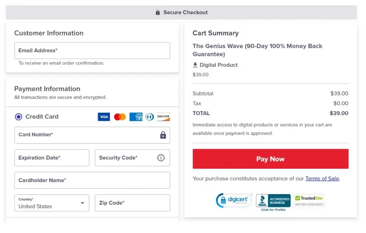 Secure checkout page for The Genius Wave digital product showing PayPal and credit card payment options with 90-day money-back guarantee.